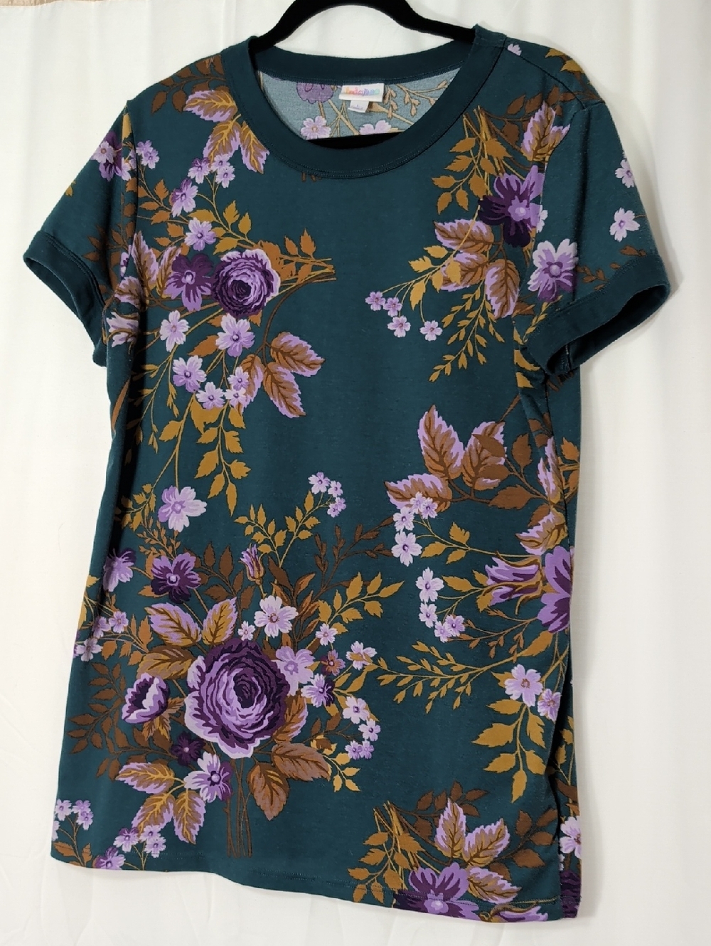LuLaRoe Dark Teal Floral Short Sleeve Tee with Purple and Mustard Flowers
